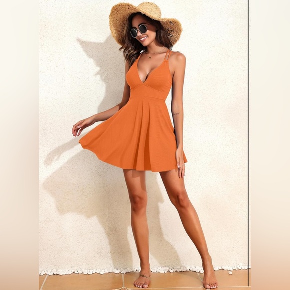 NWOT OnePiece Dress Ribbed Tummy Control Back Cutout Spaghetti Strap Skirted - Picture 2 of 7